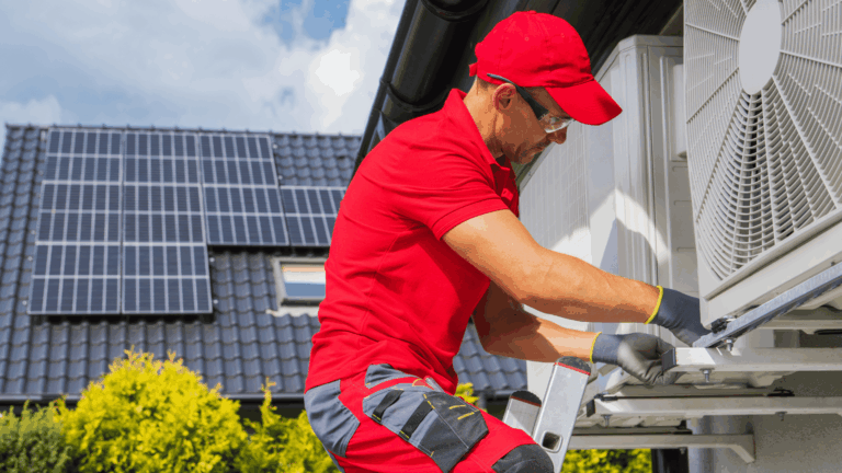A technician installing a heat pump on the external wall of a building