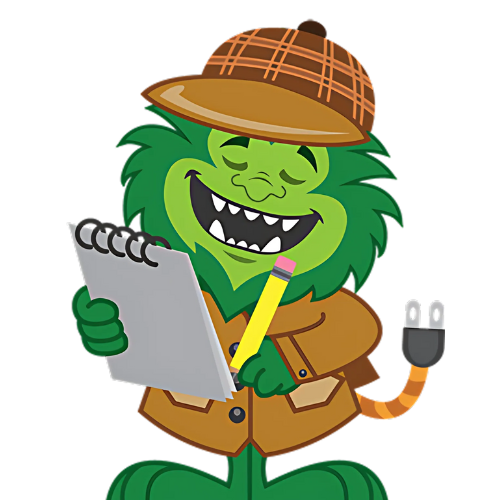 A smiling green cartoon creature wearing a brown detective hat and coat holds a notepad and pencil, investigating Mini Split Installation. Its tail has an electrical plug at the end.