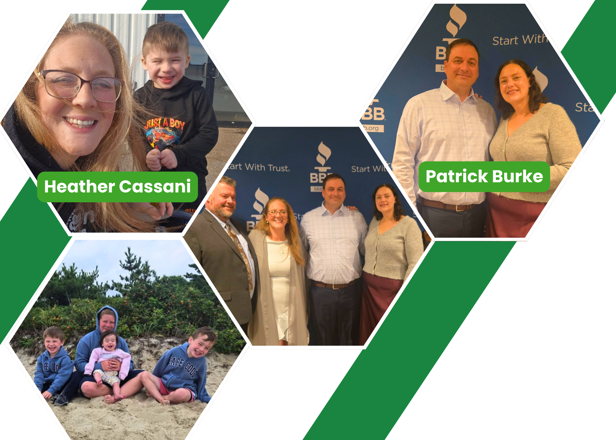 A collage of hexagonal photos for the About section features Heather Cassani with children at the beach and smiling, and Patrick Burke posing at an event, with their names highlighted in green banners.