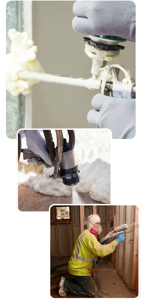 Collage of three images showing Home Insulation Installers in protective gear applying spray foam insulation to walls and surfaces indoors.
