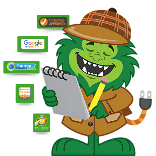 A green cartoon mascot in a detective outfit holds a clipboard and pencil, highlighting Rebates for Massachusetts Homeowners. To the left are five award and review badges, including Google Reviews and EnergySage Approved. The mascot's tail is shaped like a power plug.