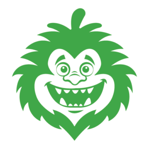 A green cartoon face with spiky hair, wide eyes, and a big smiling mouth showing prominent teeth, radiating a playful and cheerful vibe—much like the excitement of discovering Mass Save Rebates!.