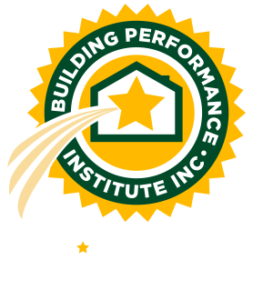 About: A circular gold and green seal with a house and star inside, labeled Building Performance Institute Inc. Above, faint white text reads BPI GoldStar Contractor.
