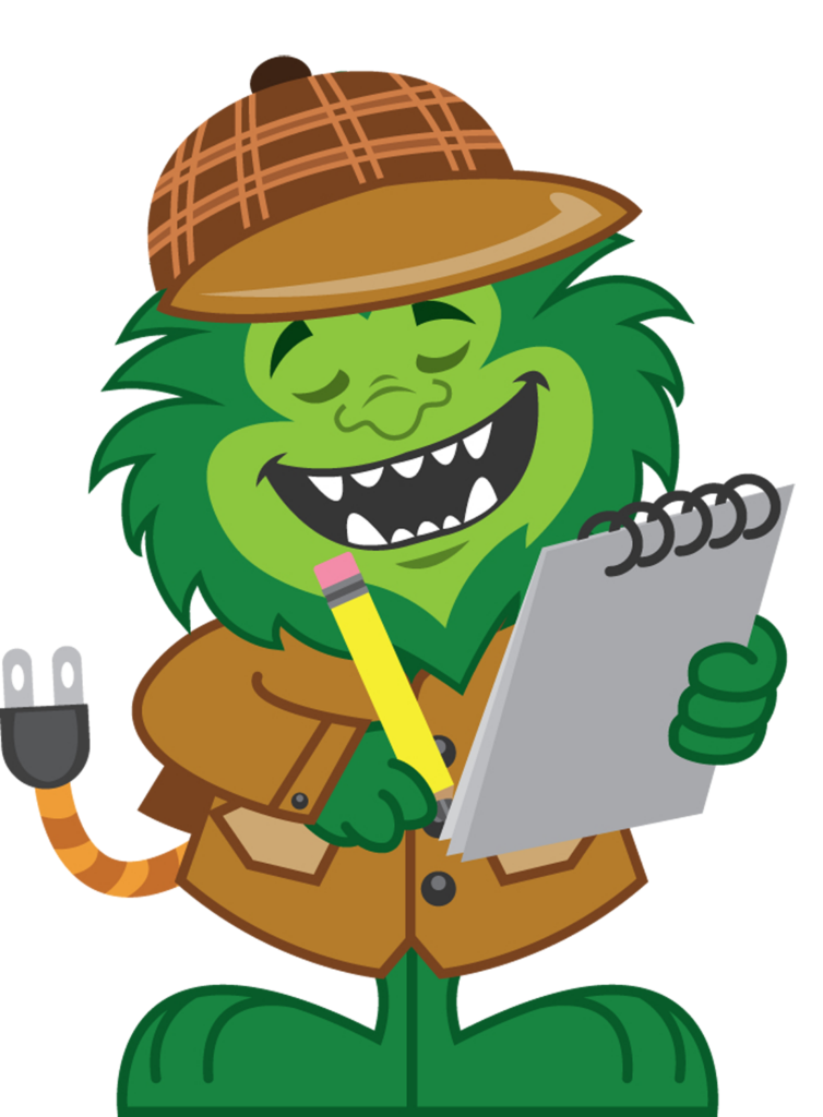 A cheerful green cartoon character with a plug tail and wearing a brown detective hat and coat, holding a pencil and notepad, appears to be happily writing notes about Mass Save Rebates.