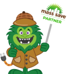 A green, furry cartoon mascot wearing a brown detective hat and coat holds a sign that reads mass save PARTNER with a cityscape and sun logo, highlighting Mass Save Rebates. The mascot has a plug for a tail.